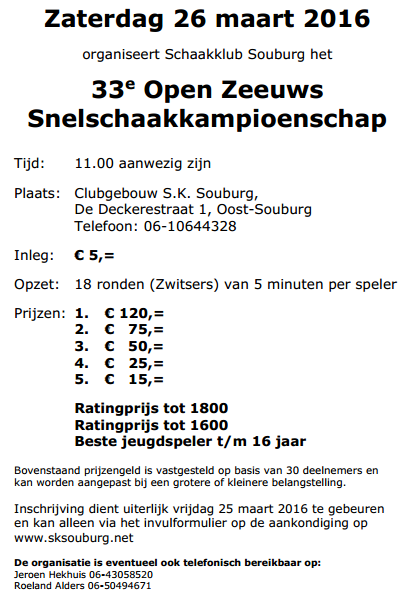 Aankondiging Zeeuws Kampioenschap Snelschaken 2016